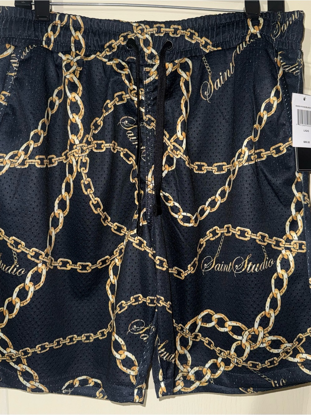 Saints Studio Monogram Mesh Short Black Gold Chains Size Large Draw String Waist